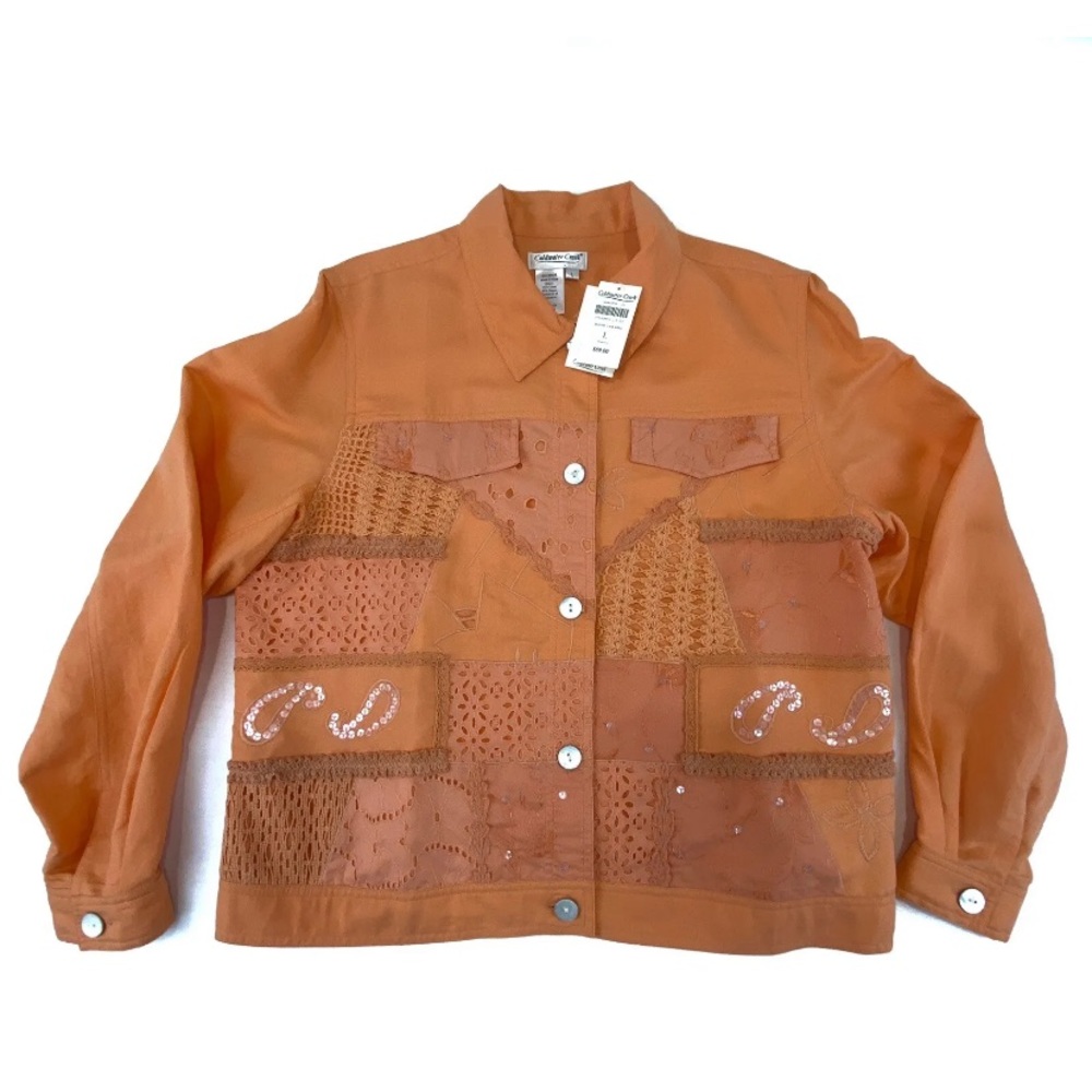 New w Tags COLDWATER CREEK Linen ORANGE Shirt JACKET Crochet Sequins $89 sz L